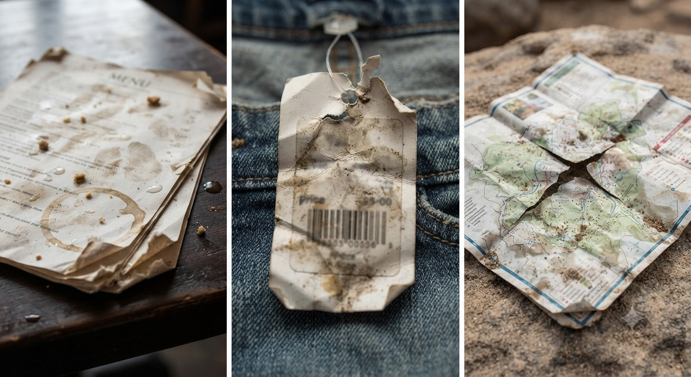 Triptych showing daily wear and tear on standard paper a greasy and stained restaurant menu on a table, a frayed and dirty retail tag on denim jeans, and a torn, mud-stained map on a rock, illustrating material fai Triptych showing daily wear and tear on standard paper a greasy and stained restaurant menu on a table, a frayed and dirty retail tag on denim jeans, and a torn, mud-stained map on a rock, illustrating material fai