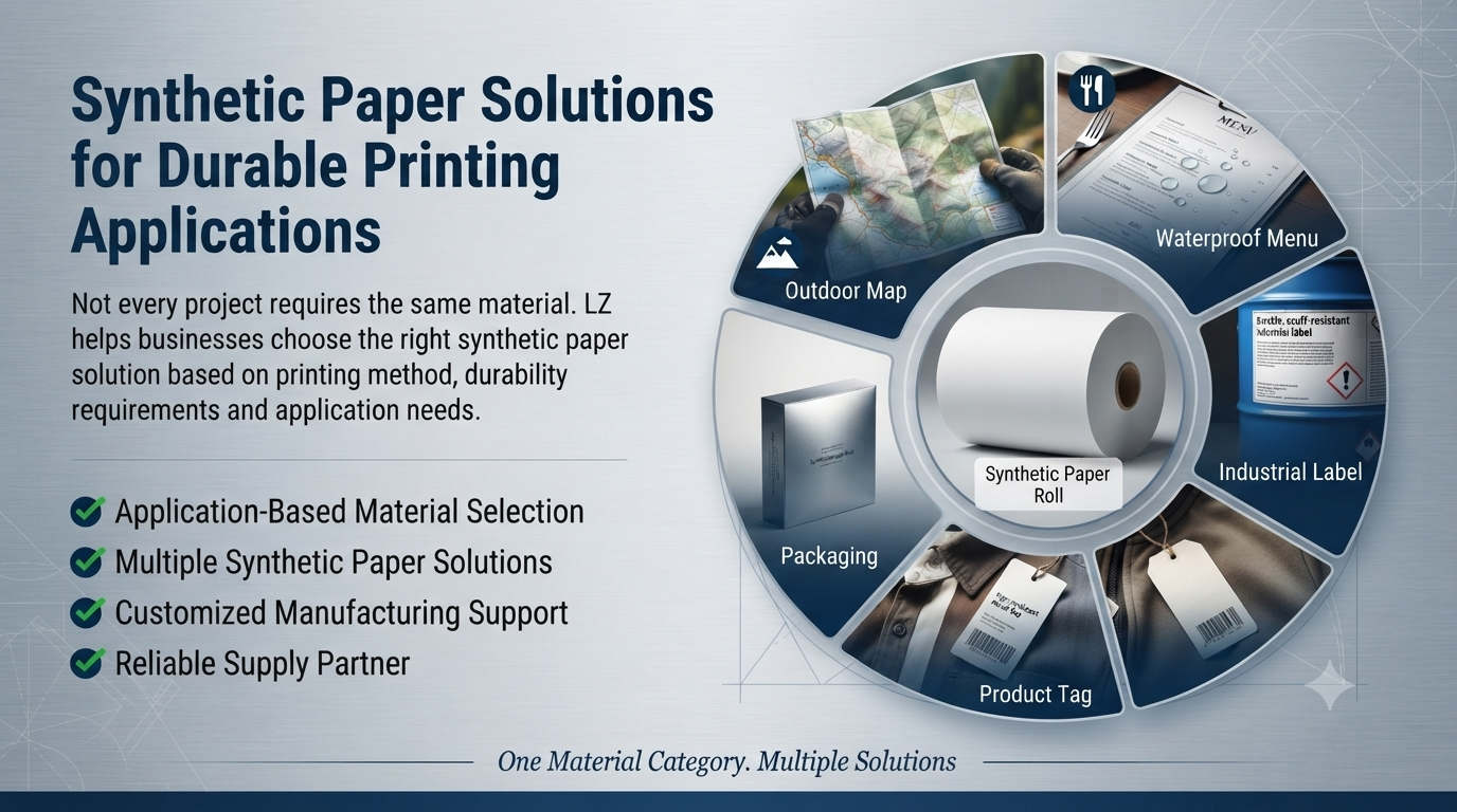 Synthetic Paper Solutions for Durable Printing Applications banner showing synthetic paper roll in the center surrounded by waterproof menu, outdoor map, industrial label, product tag, and packaging applications Synthetic Paper Solutions for Durable Printing Applications banner showing synthetic paper roll in the center surrounded by waterproof menu, outdoor map, industrial label, product tag, and packaging applications