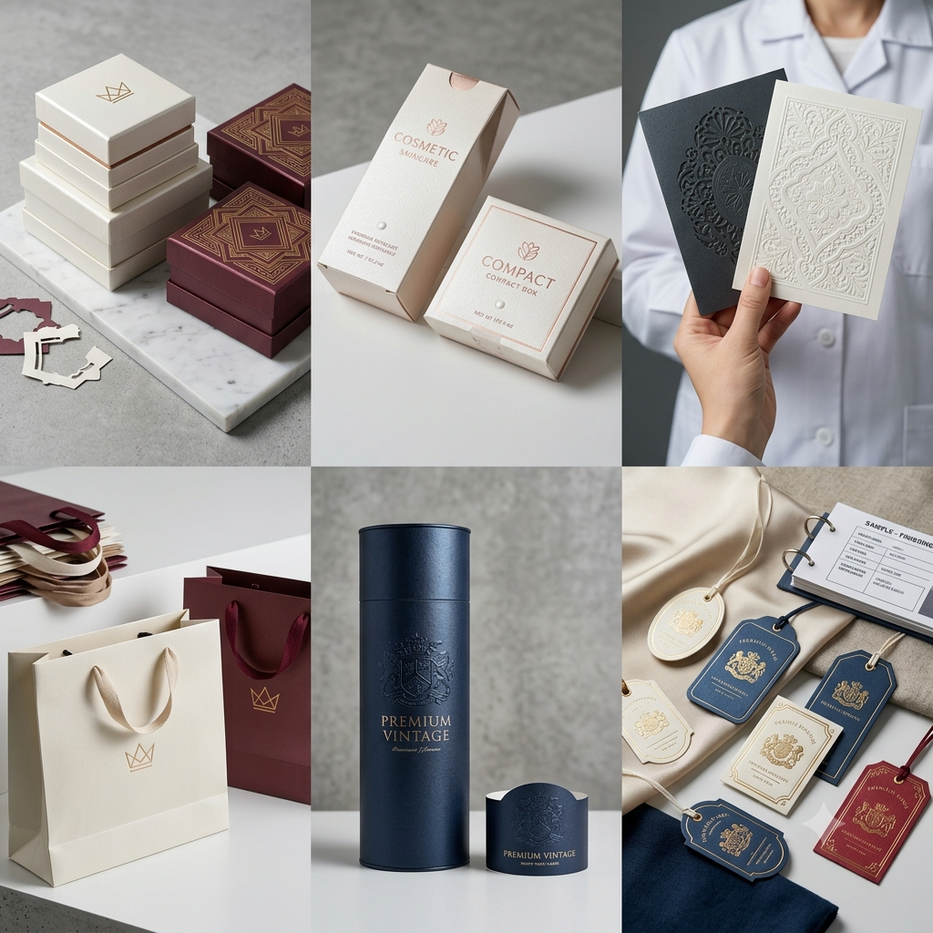Various premium packaging applications of 250gsm pearlescent paper board.