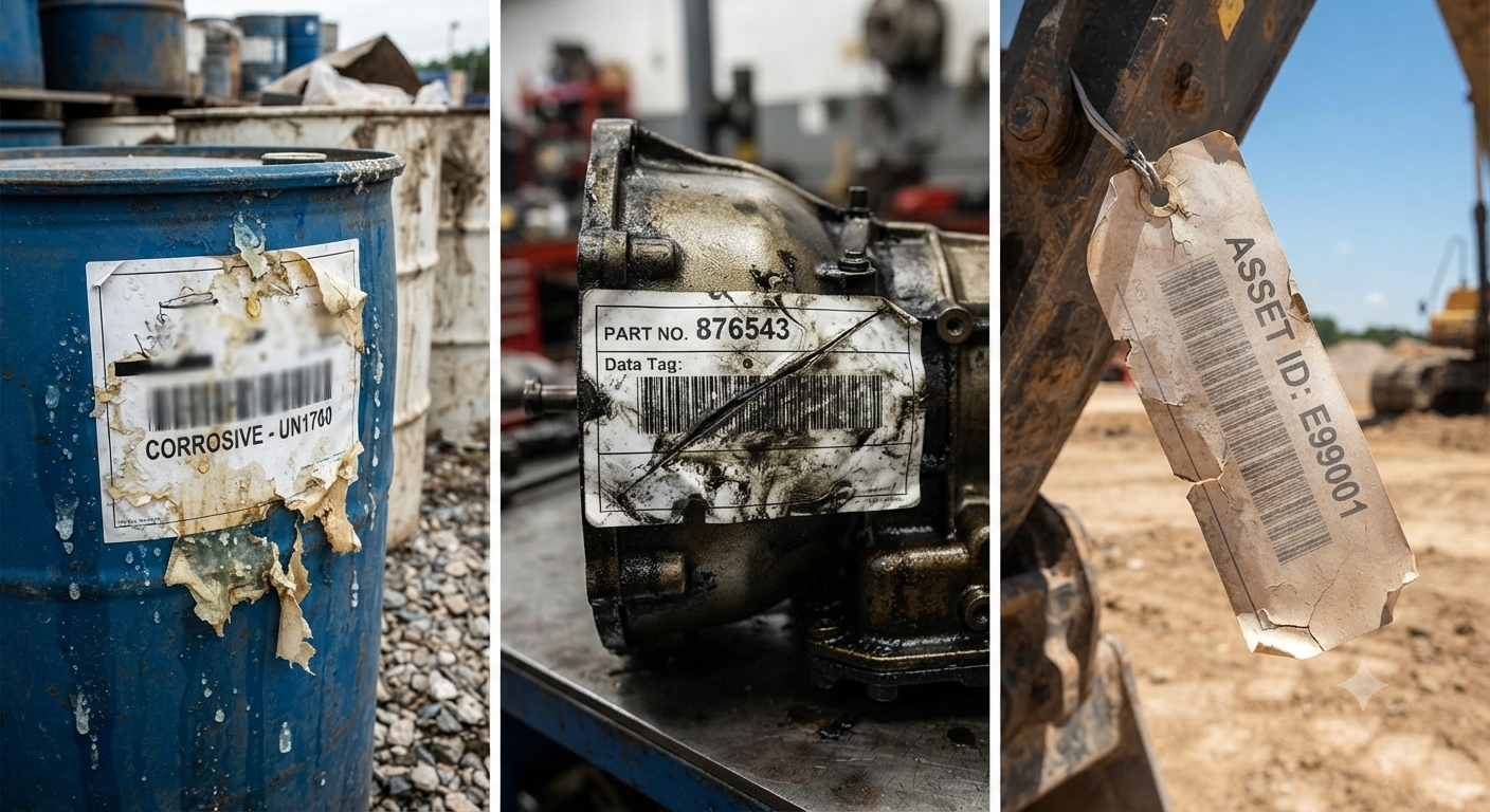 Triptych illustrating harsh industrial label failure a peeling and solvent-damaged chemical drum label, an oil-stained and scuffed automotive part label with an unscannable barcode, and a UV-faded outdoor asset tag Triptych illustrating harsh industrial label failure a peeling and solvent-damaged chemical drum label, an oil-stained and scuffed automotive part label with an unscannable barcode, and a UV-faded outdoor asset tag