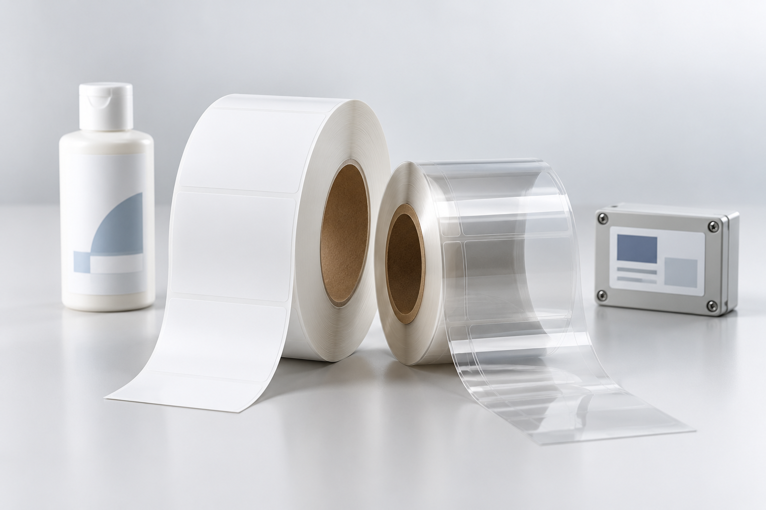 PP and PET self-adhesive label material rolls for packaging and industrial labels
