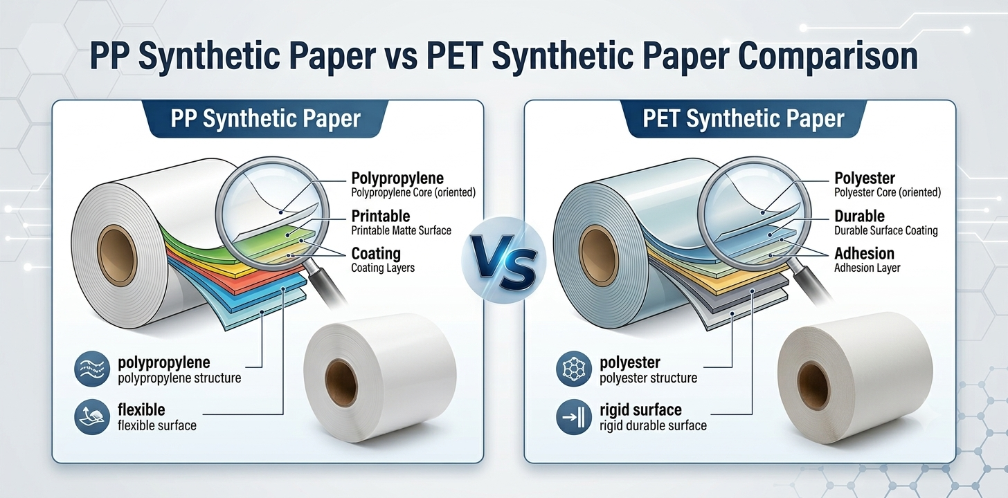 Technical comparison chart between PP synthetic paper and PET synthetic paper rolls showing material structure and layers