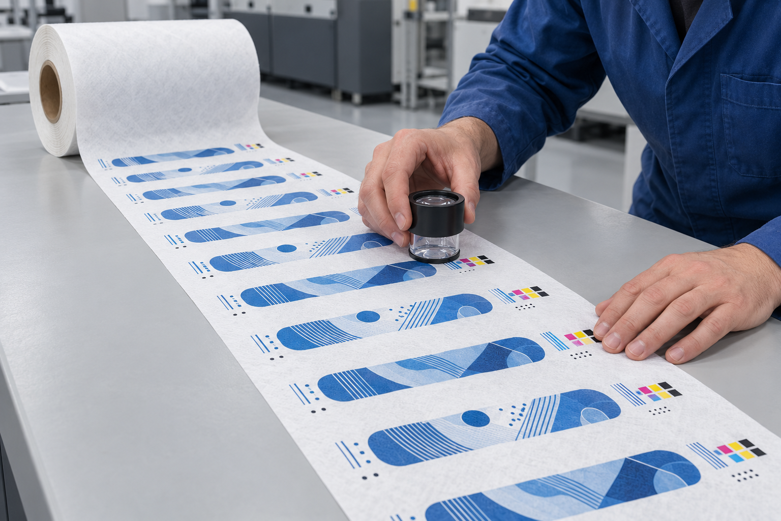 Print technician inspecting blue graphics and color patches on an HDPE nonwoven web sample