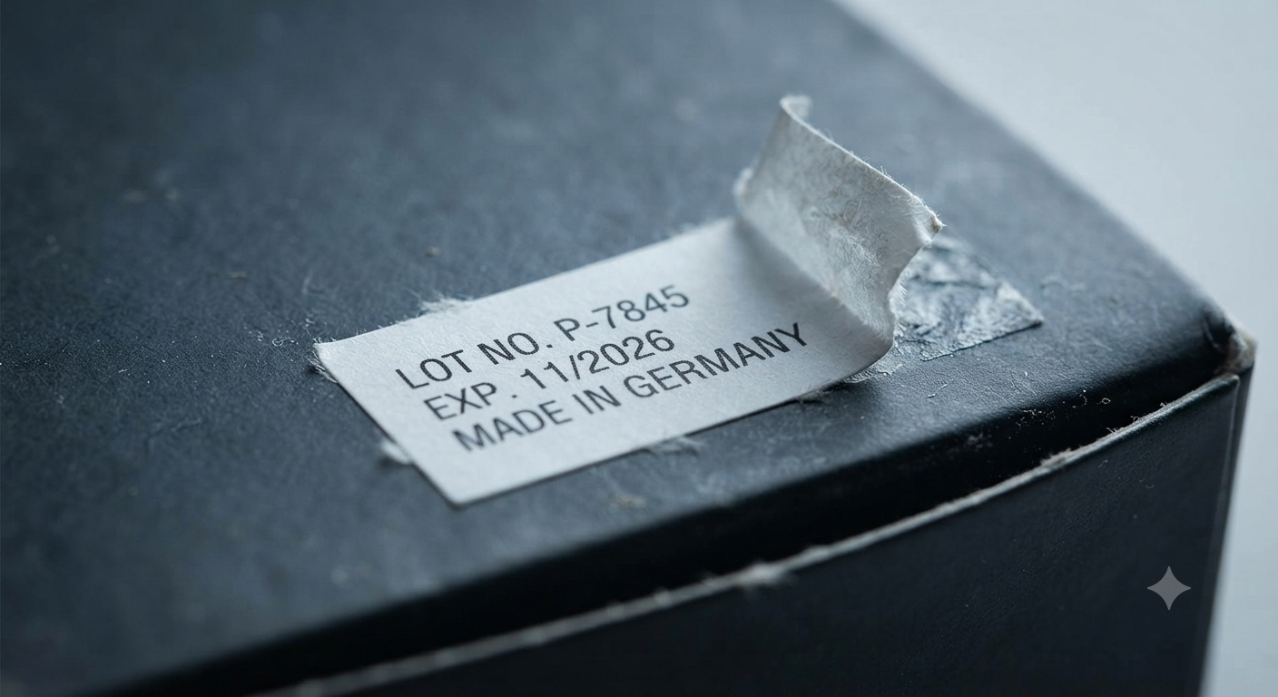 Close-up photograph of a white paper label peeling off a dark, textured surface. The label has black printed text reading LOT NO. P-7845 EXP. 112026 MADE IN GERMANY, with the top right corner visibly curled and