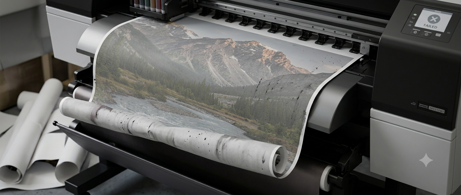 Failed large format printing troubleshooting with curled edges, dull gray colors, and ink bleeding on low-quality paper..png