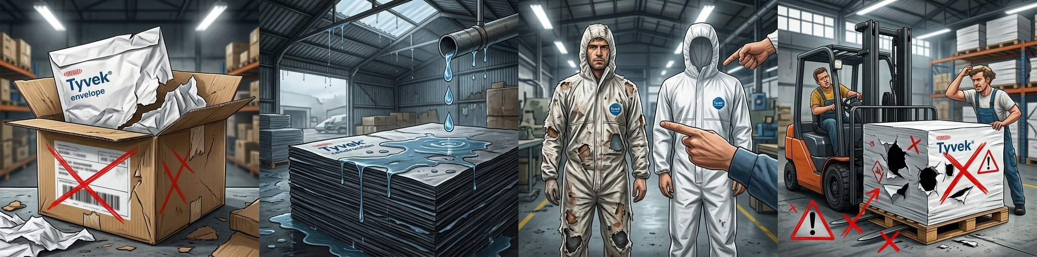 A four-panel infographic depicting Tyvek pain points: transport damage, leaking roof, coverall tear, and forklift accident.