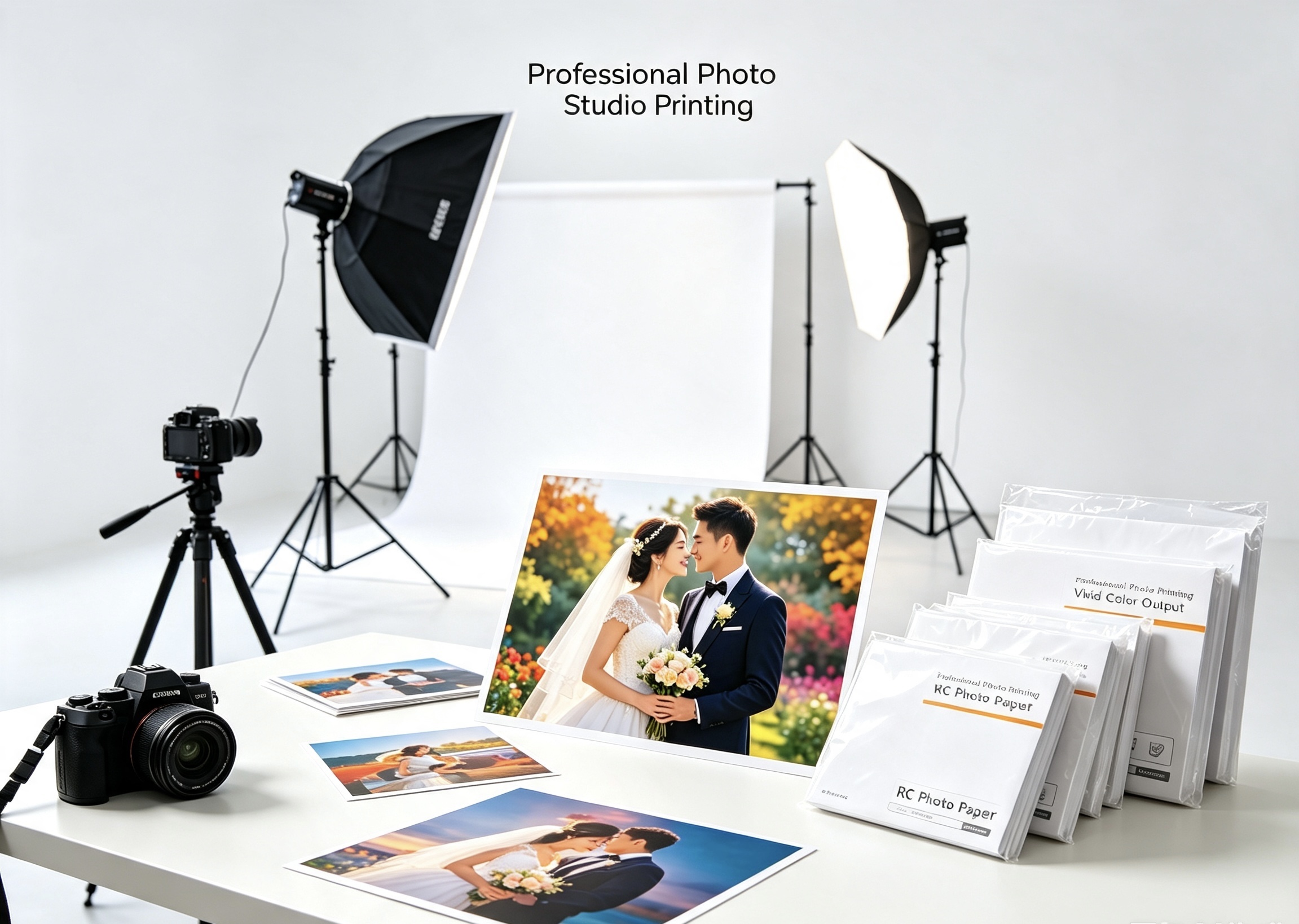 Professional photo studio printing scene with vivid color output on RC photo paper
