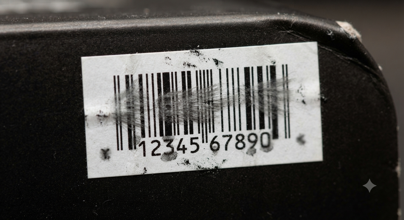 Close-up photograph of a small paper label on a dark surface showing a severely blurred and smudged barcode. The black lines are indistinct and feathered, rendering it unscannable. The numbers below (e.g., 12345 (2)