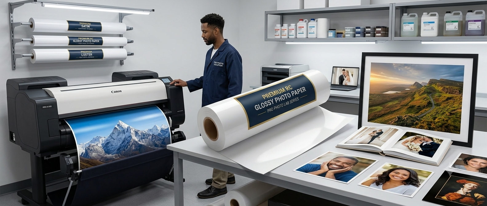 Premium RC glossy photo paper roll in a professional photo lab with a large format printer and finished photographic prints.