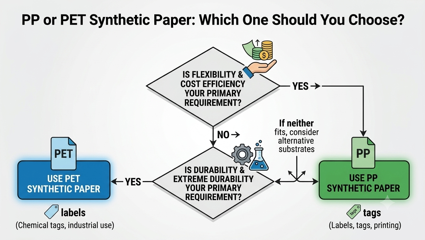 A simplified flowchart decision tree to help users choose between PP and PET synthetic paper based on their primary requirements, such as flexibility vs. extreme durability.