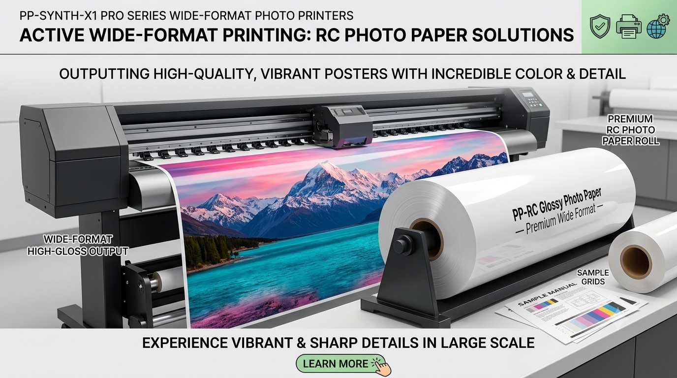 Large-format plotter printer outputting high-gloss posters next to a premium RC photo paper roll.