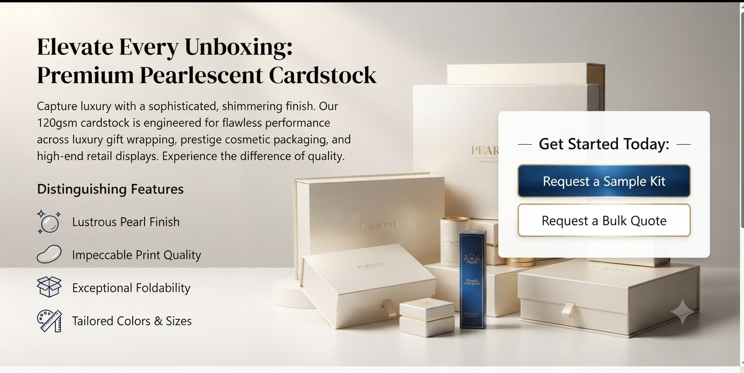Luxury gift boxes and cosmetic packaging crafted with premium pearlescent cardstock featuring a lustrous finish.
