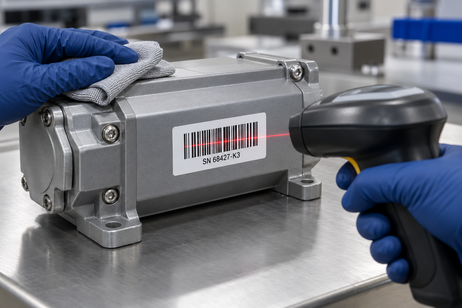 Printed industrial barcode label checked for readability after a cleaning test