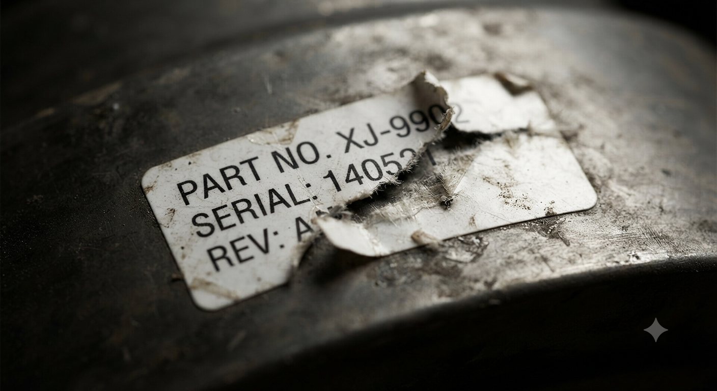 Detailed close-up of a paper product label showing significant tearing and physical wear on a dark industrial part.