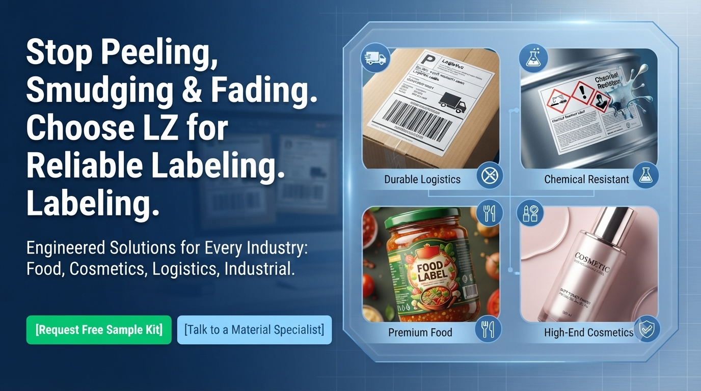 LZ professional labeling solutions banner preventing peeling, smudging, and fading. High-durability self-adhesive stickers for logistics, chemical, food, and cosmetic industries.