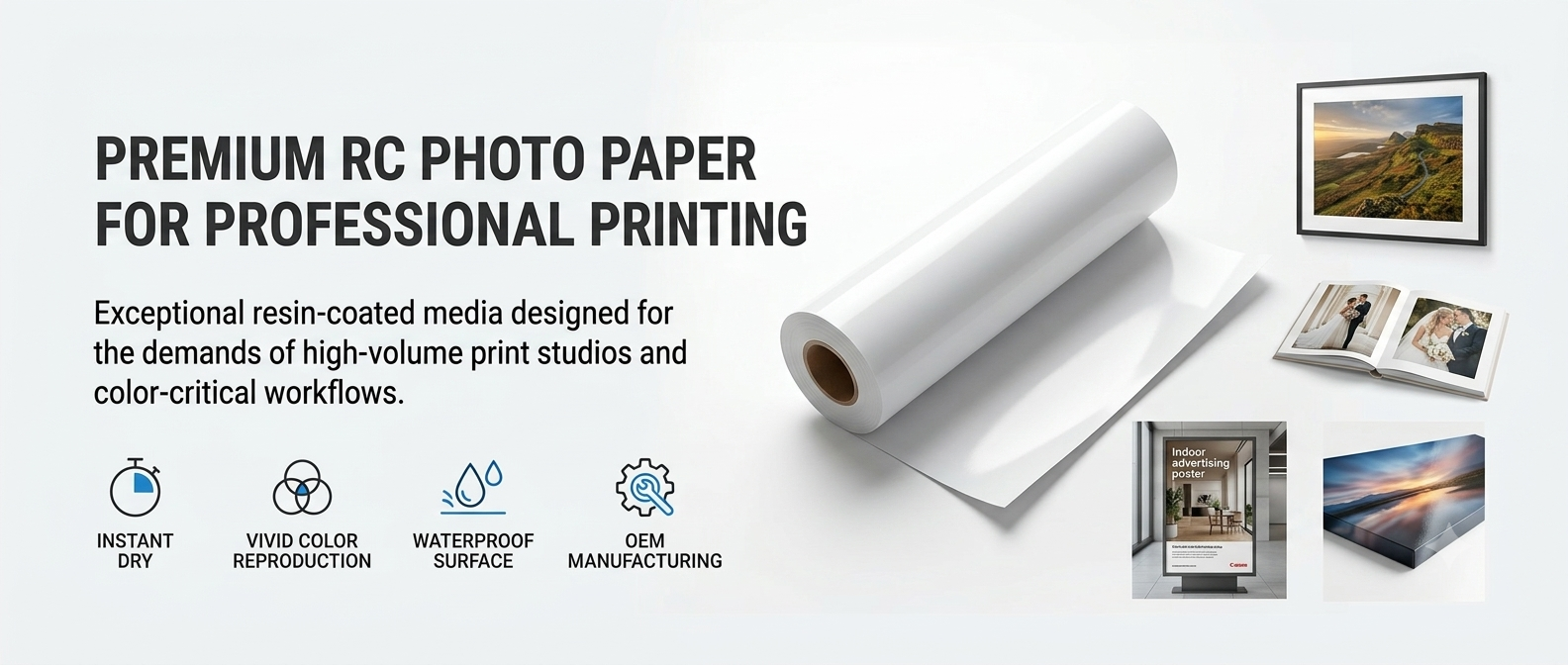 Premium RC photo paper roll for professional printing with vivid color and instant dry features.