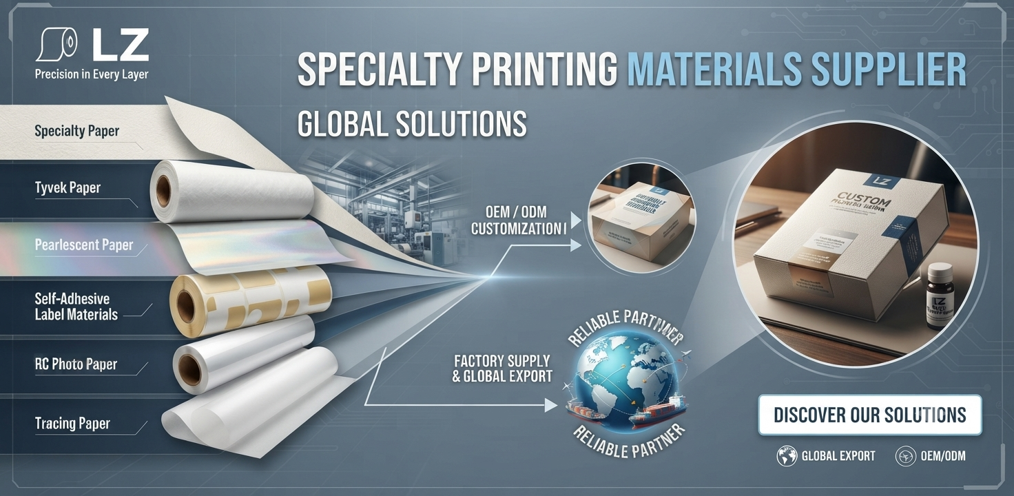 High-end industrial B2B banner for LZ specialty printing materials supplier, showcasing six material series, factory supply, OEM customization, and global export solutions. 