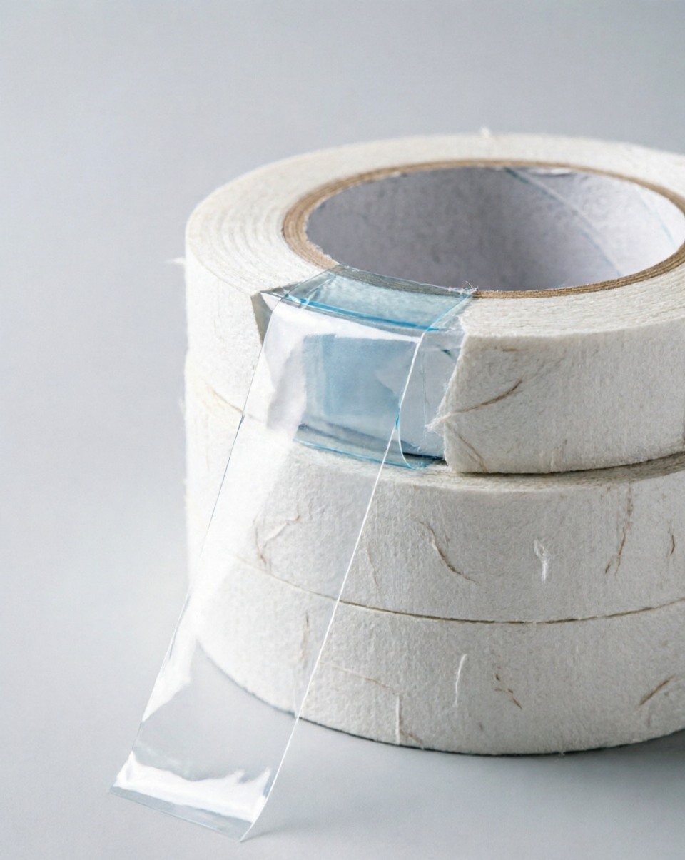 High-definition multi-roll transparent PET core double-sided tape with peeled-off release liner showing the clear PET interlayer structure