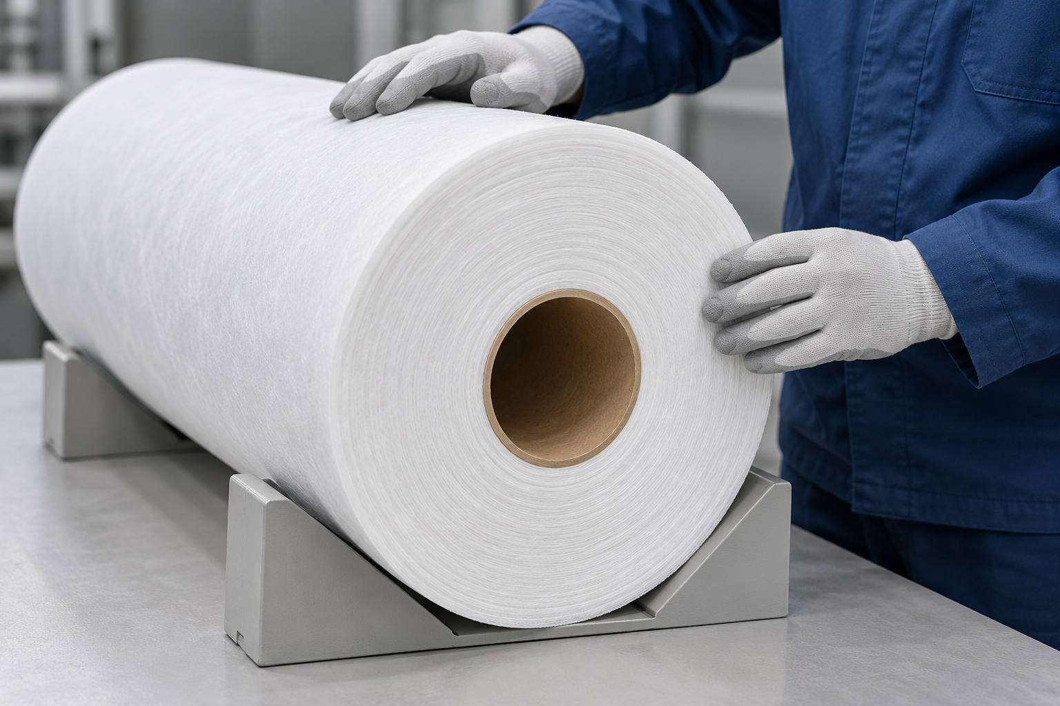 Technician inspecting the wound edge and cardboard core of an HDPE nonwoven roll