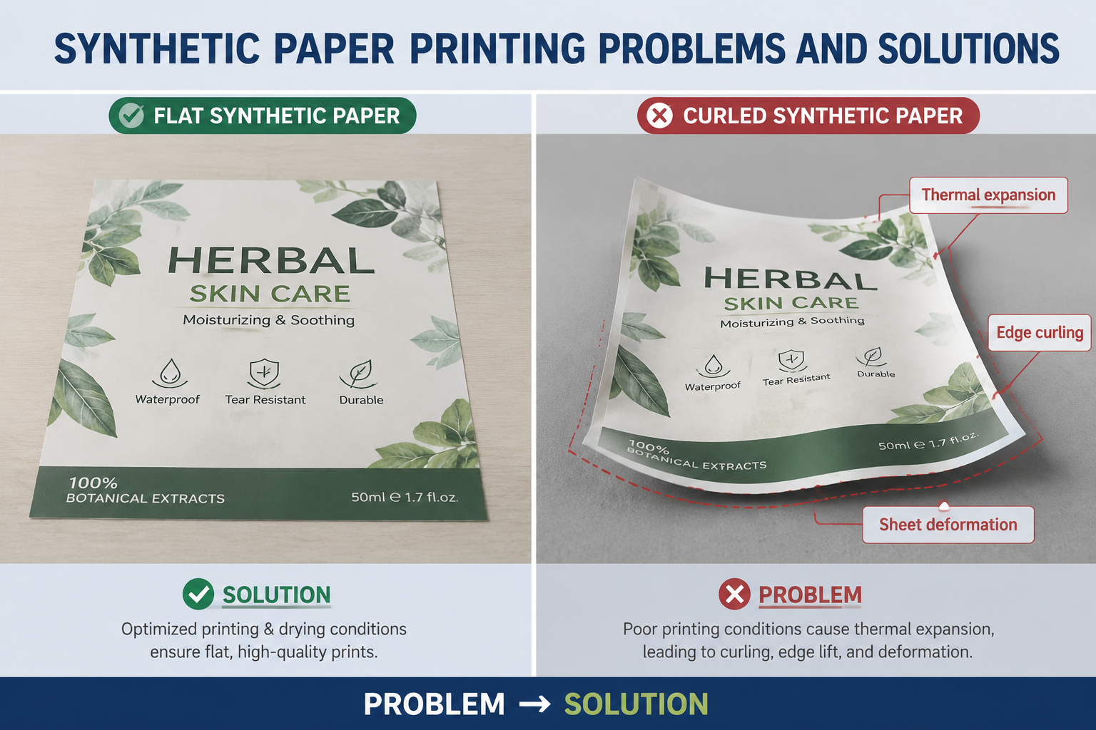 Synthetic paper curling problem caused by printing conditions