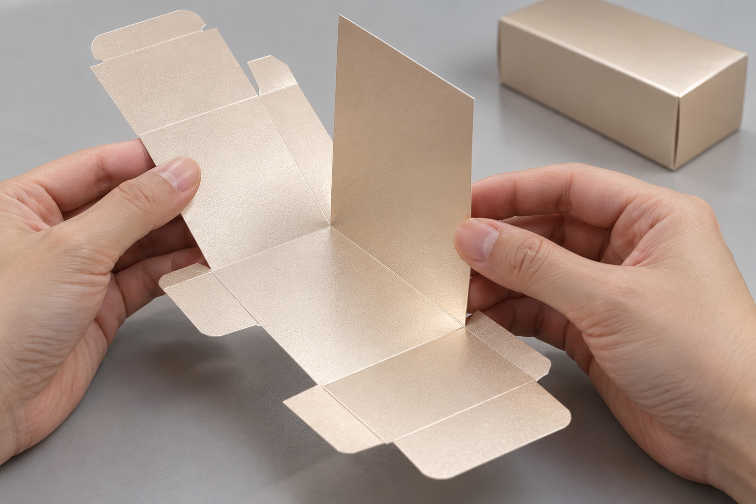 Close-up inspection of pearlescent paper wrapping at a rigid gift box corner