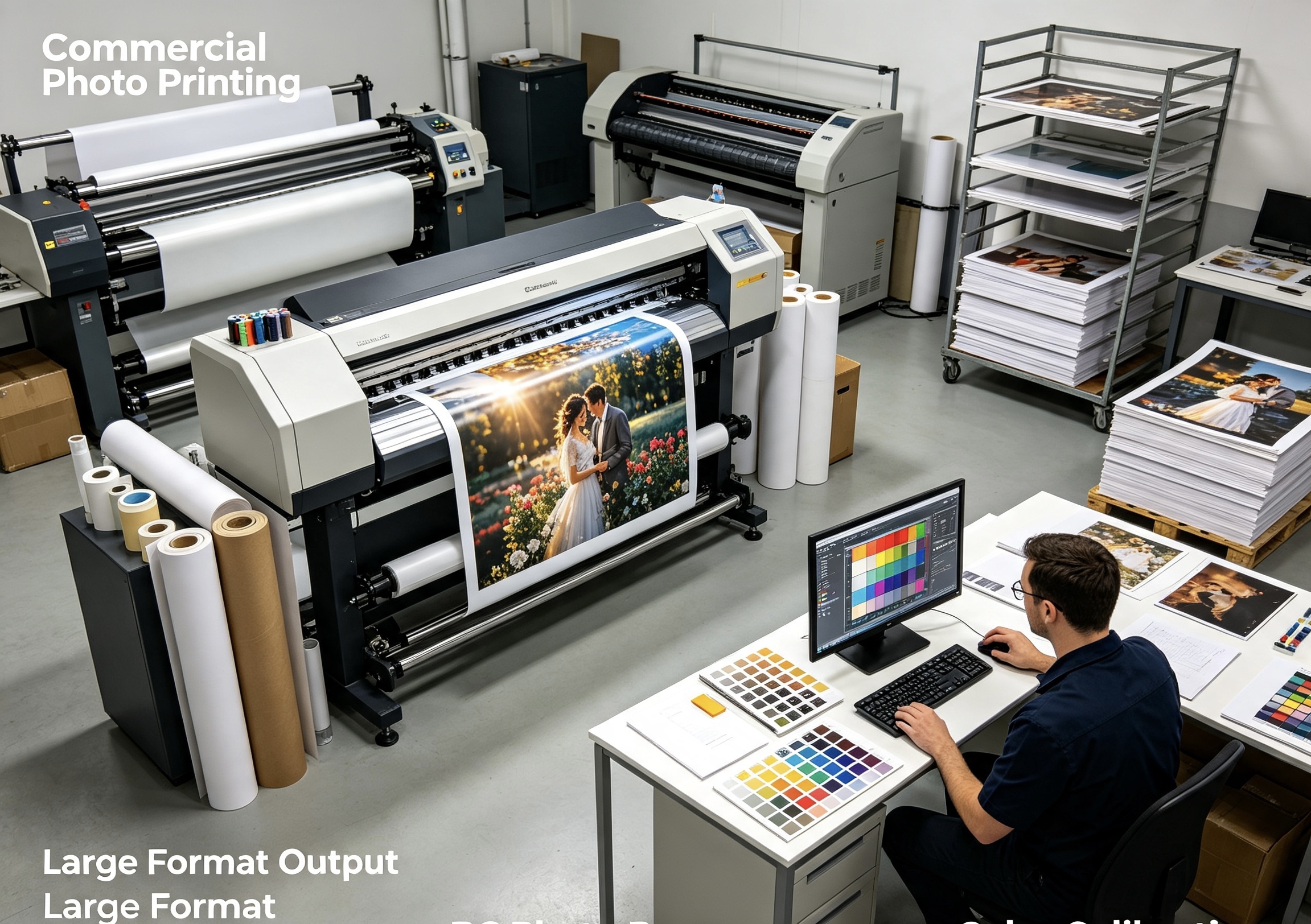 Commercial large format photo printing scene with RC photo paper and color calibration