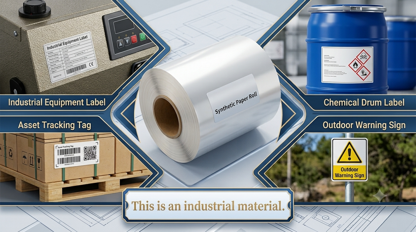 PET synthetic paper roll showing industrial applications including equipment labels, asset tracking tags, chemical drum labels, and outdoor signs