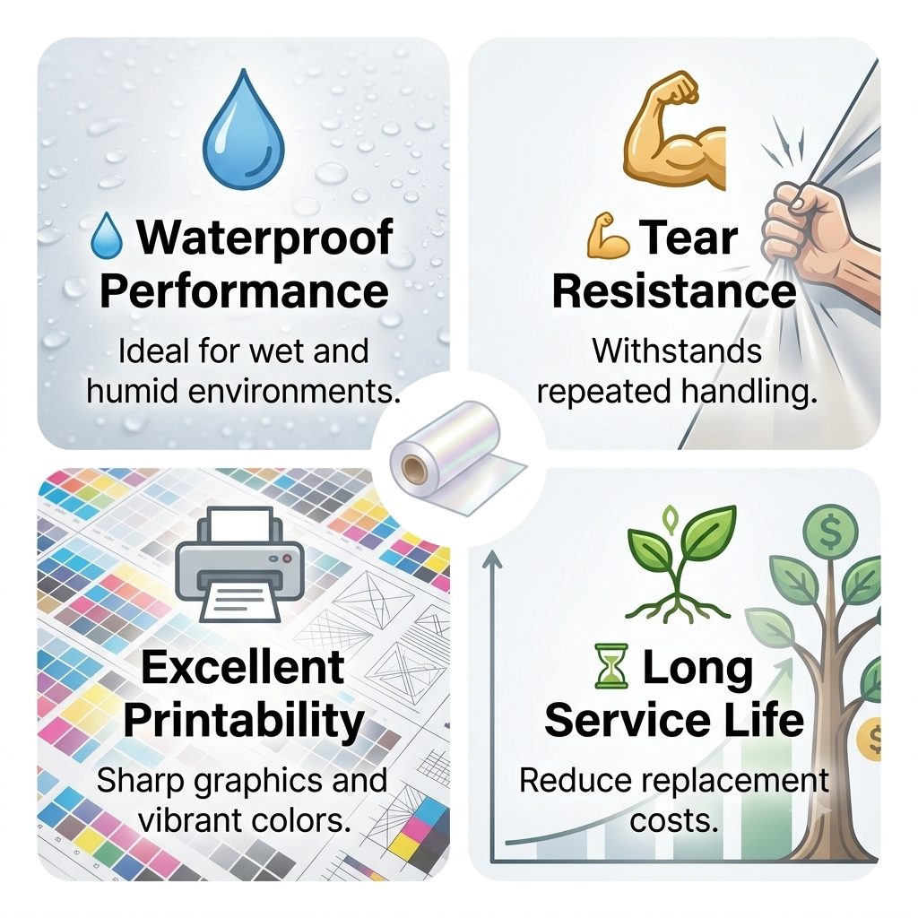 4-grid features chart of synthetic paper showing waterproof, tear resistance, excellent printability, and long service life.