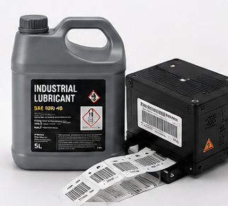 PET Synthetic Paper industrial labels being printed, ideal for asset tags and electronics requiring high heat resistance.