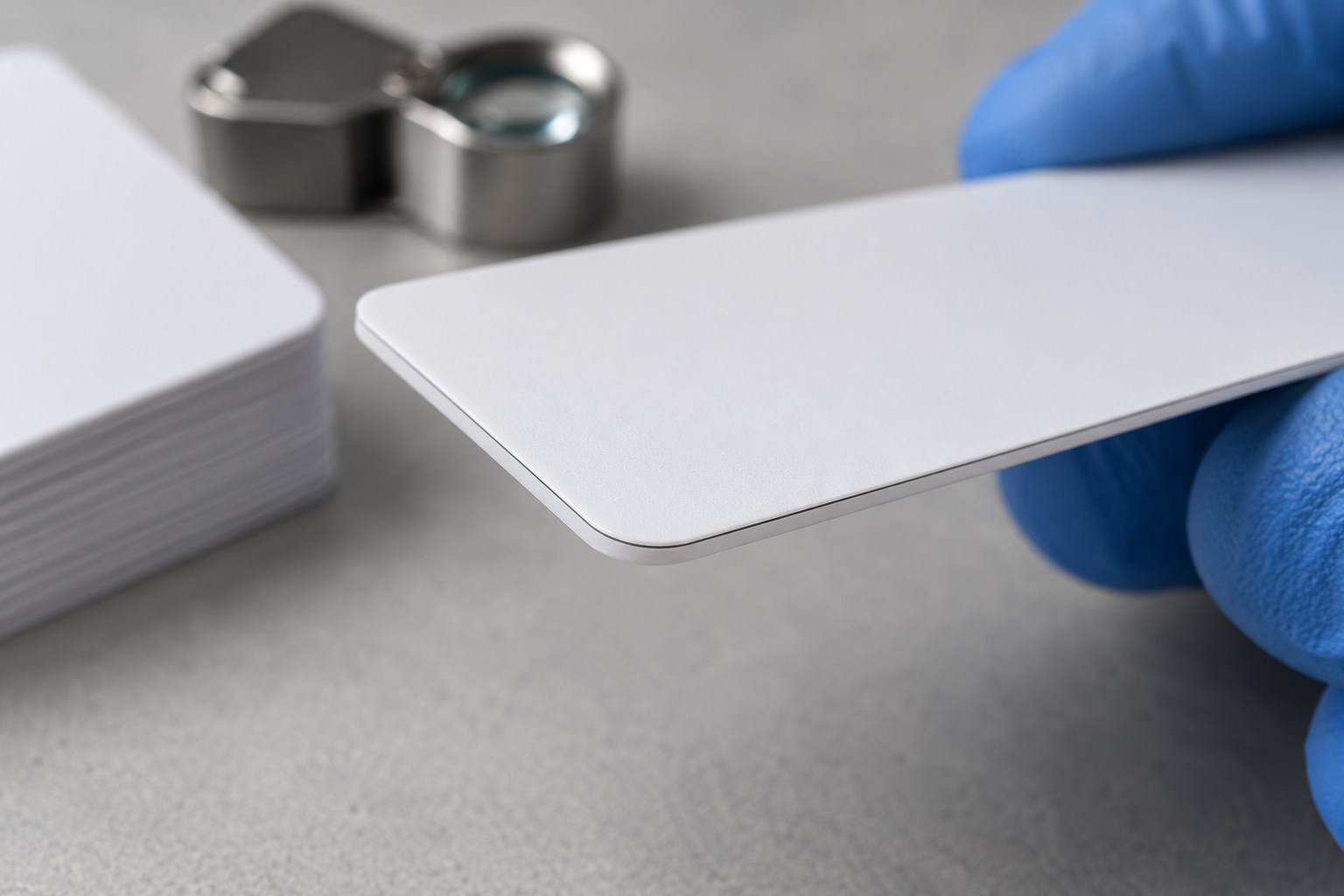 Front and reverse print samples on white-faced synthetic cards beside an inspection loupe