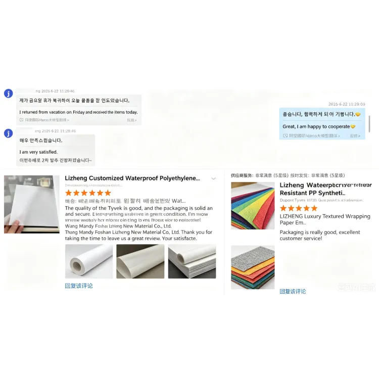 Global customer positive feedback and reviews for Lizheng synthetic paper products
