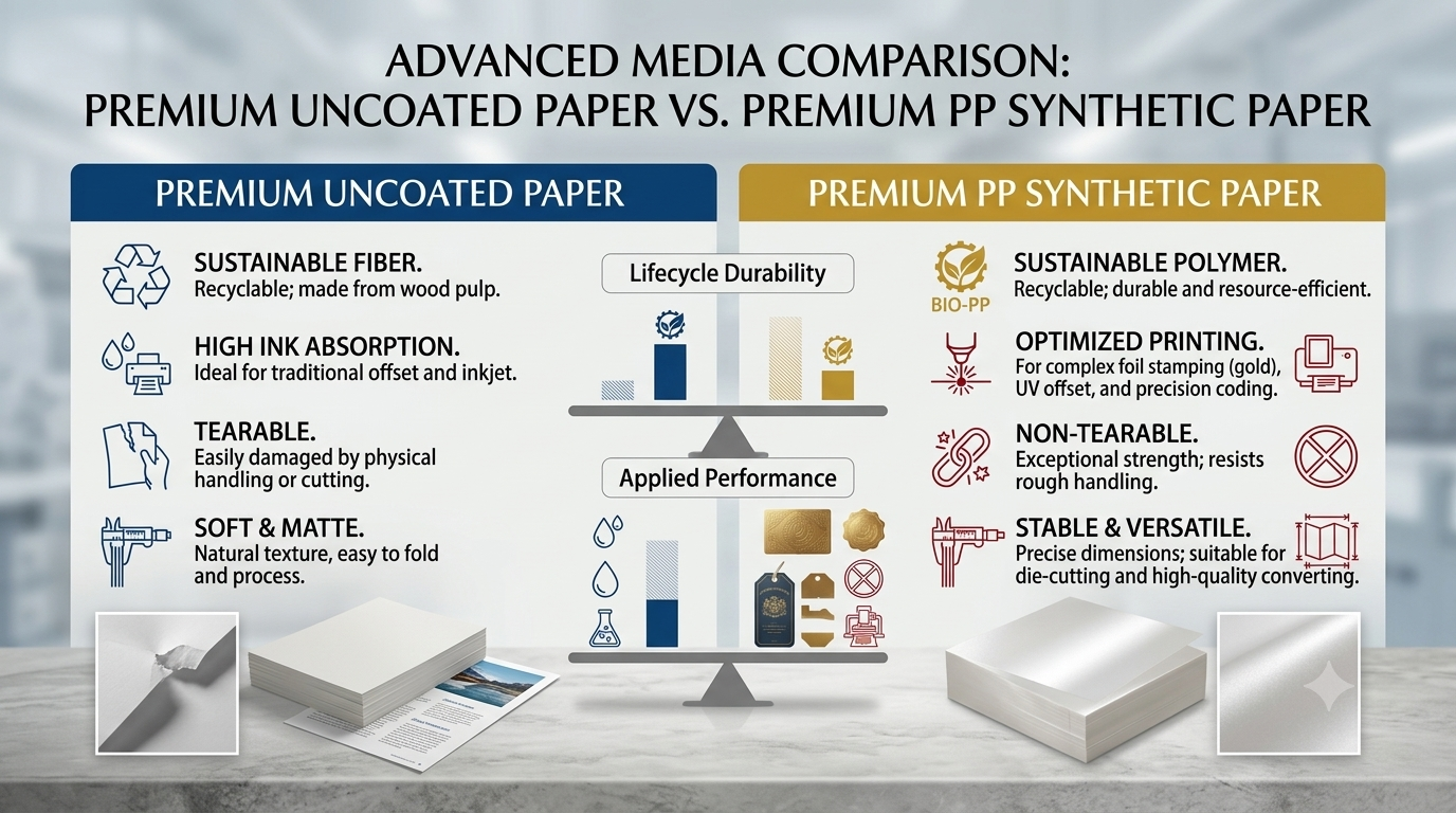 Comparison of uncoated paper versus PP synthetic paper features and performance