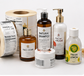 Self-Adhesive Synthetic Paper labels on various cosmetic bottles and containers, designed for moisture and oil resistance.