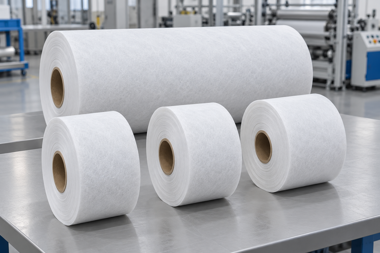 Wide HDPE nonwoven roll and narrower slit rolls showing their cores and cut edges