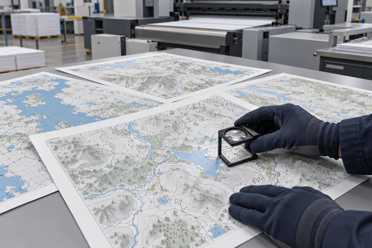 Commercial printer testing fine text and contour lines on PP synthetic paper maps