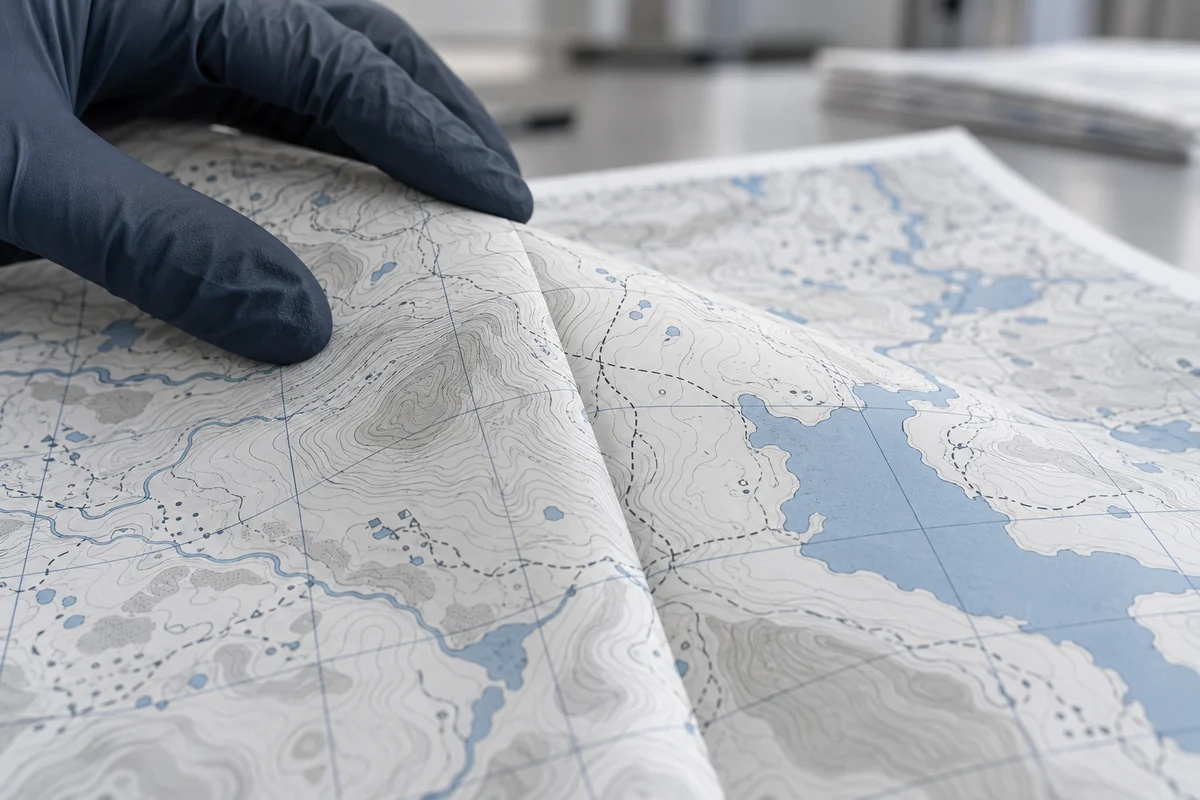 Close-up inspection of a printed synthetic paper map fold and fine contour lines