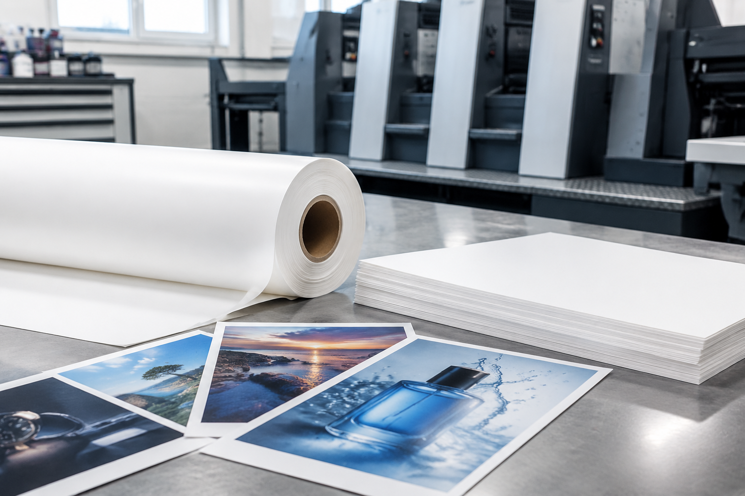 Synthetic paper materials for offset printing including PP and PET synthetic paper
