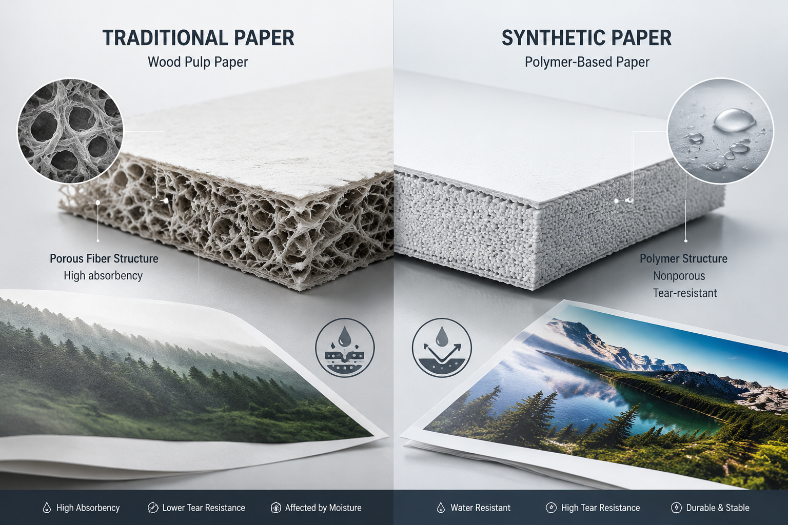 Comparison of synthetic paper structure and traditional paper fiber structure