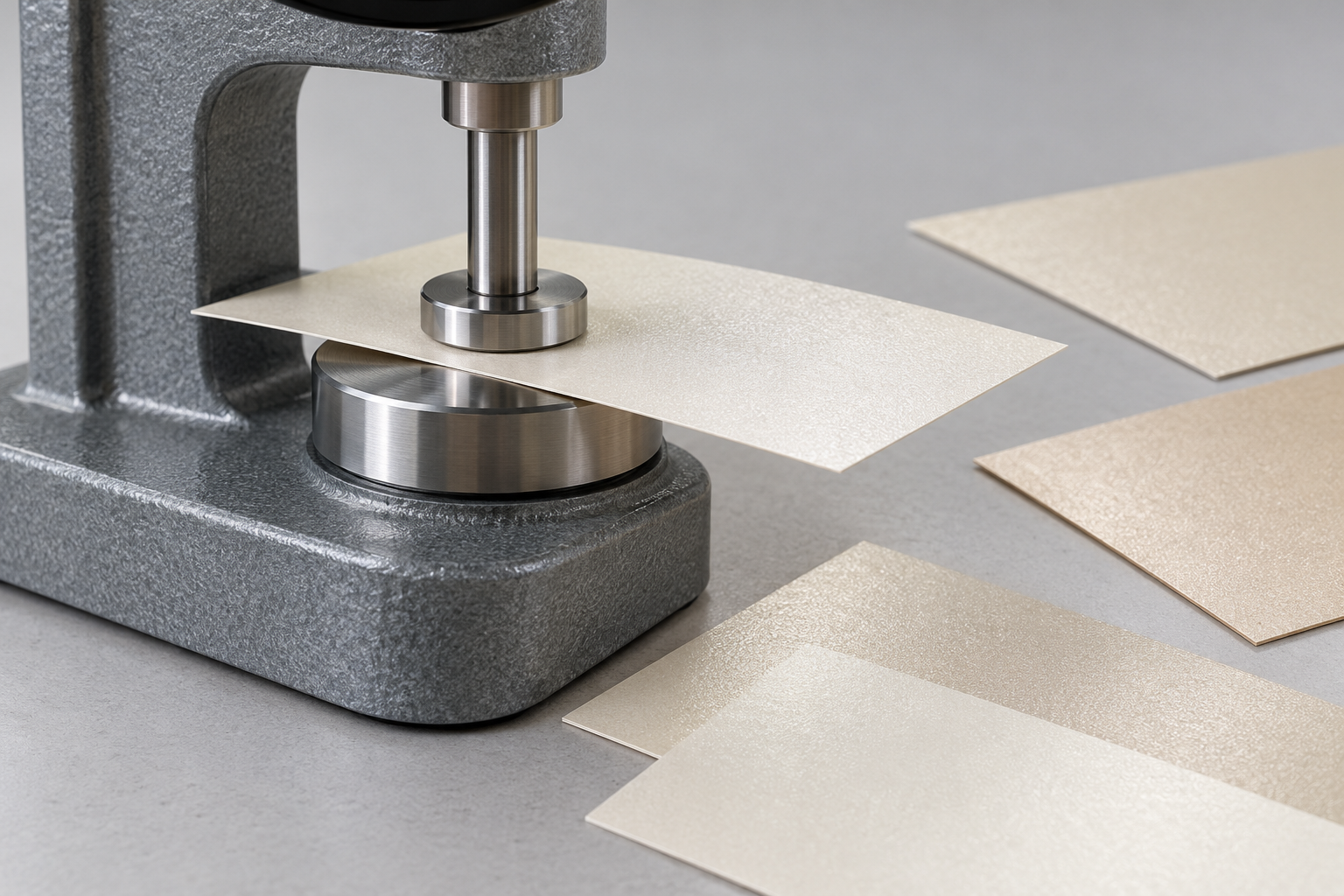Paper thickness gauge measuring a pearlescent paper sample beside material swatches