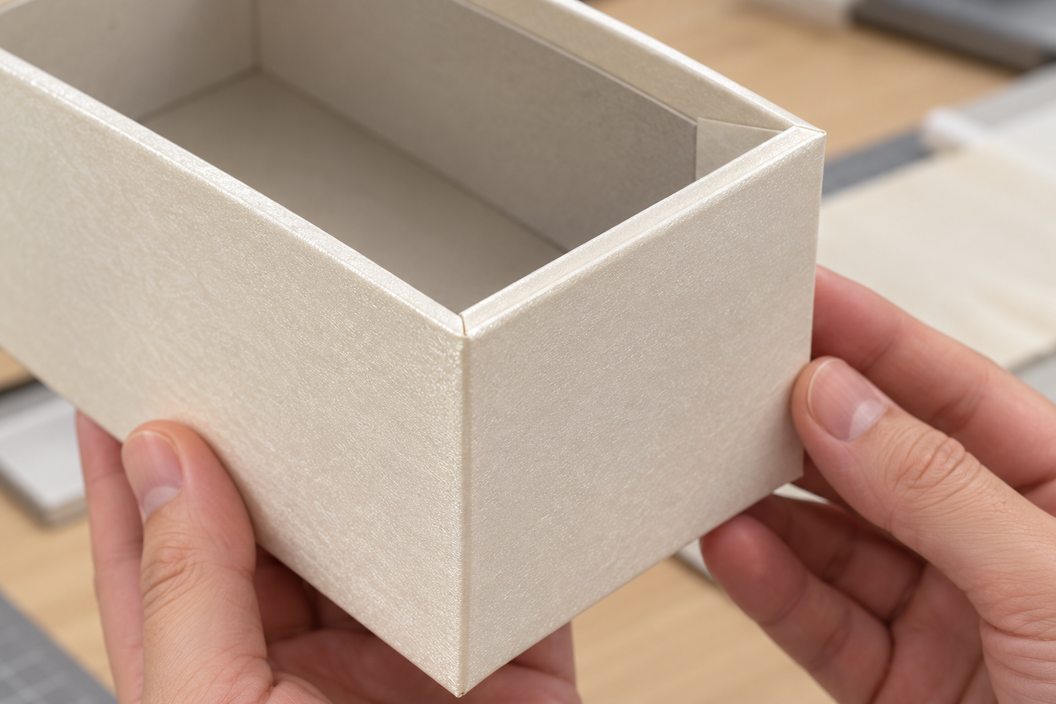 Technician inspecting a crease on a partially folded pearlescent carton blank
