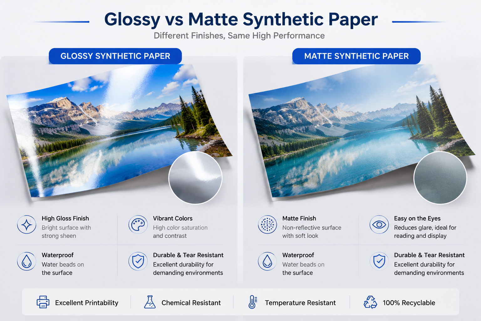 Glossy and matte synthetic paper surface comparison