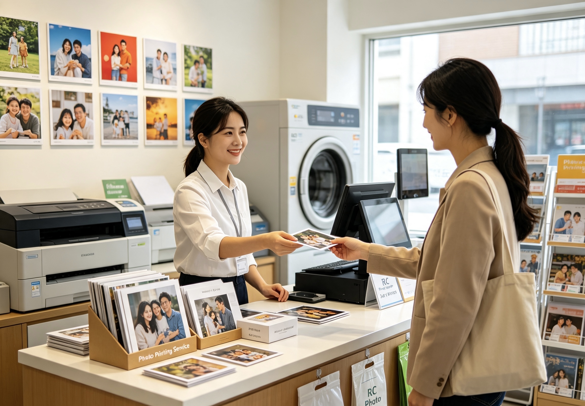 Photo print shop service scene with RC photo paper and vivid color prints