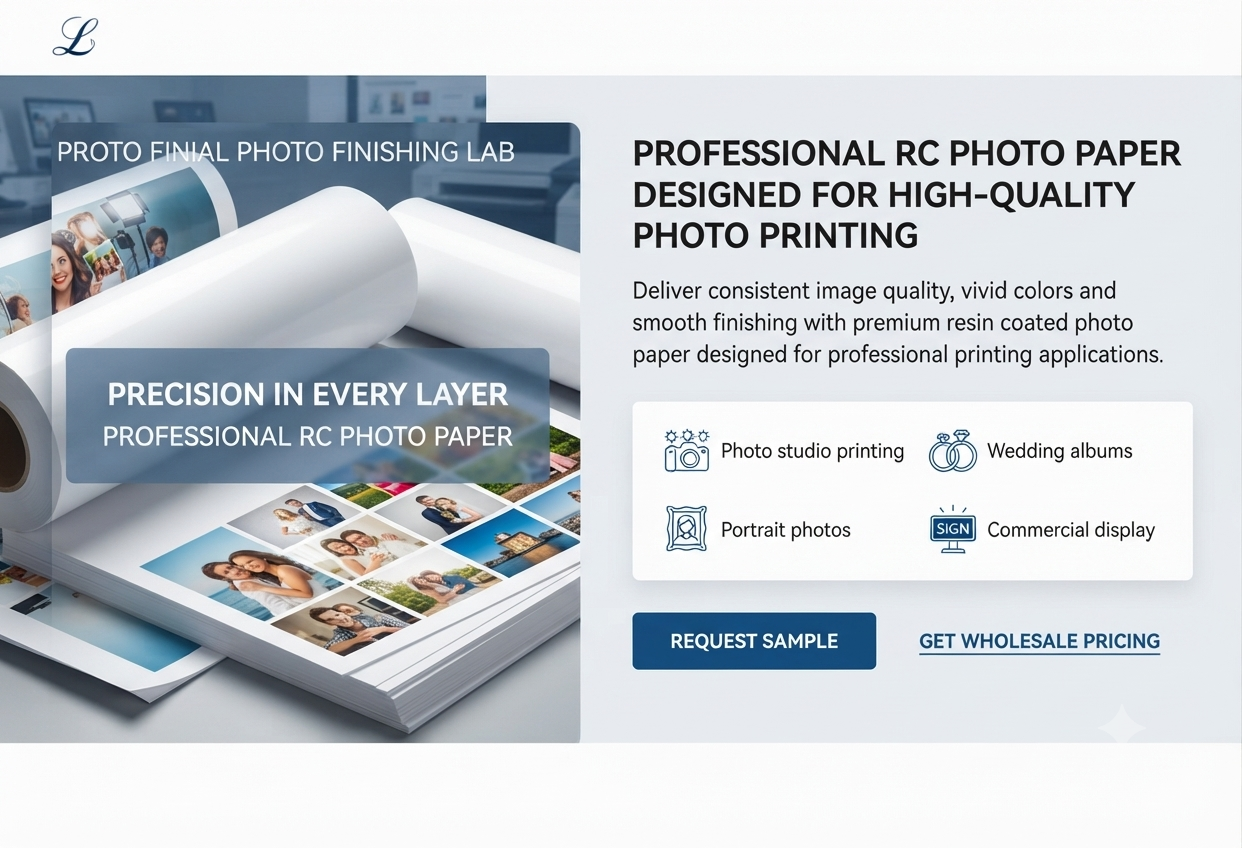 Professional hero banner for Proto Finial Photo Finishing Lab showcasing high-quality Professional RC Photo Paper. The image features rolls and stacked sheets of the paper displaying photo prints, with overlay te