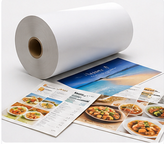 PET Synthetic Paper roll with printed menus and brochures, showcasing waterproof and tear-resistant qualities for commercial printing.