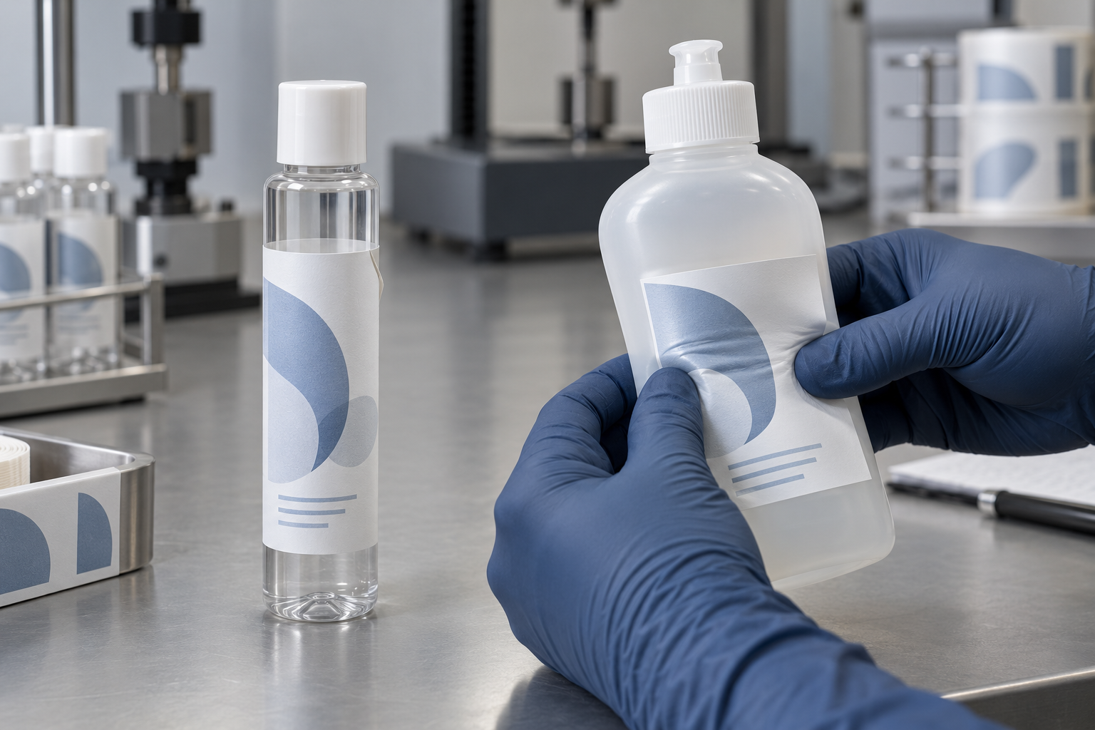 Synthetic label adhesion test on small diameter and squeezable containers
