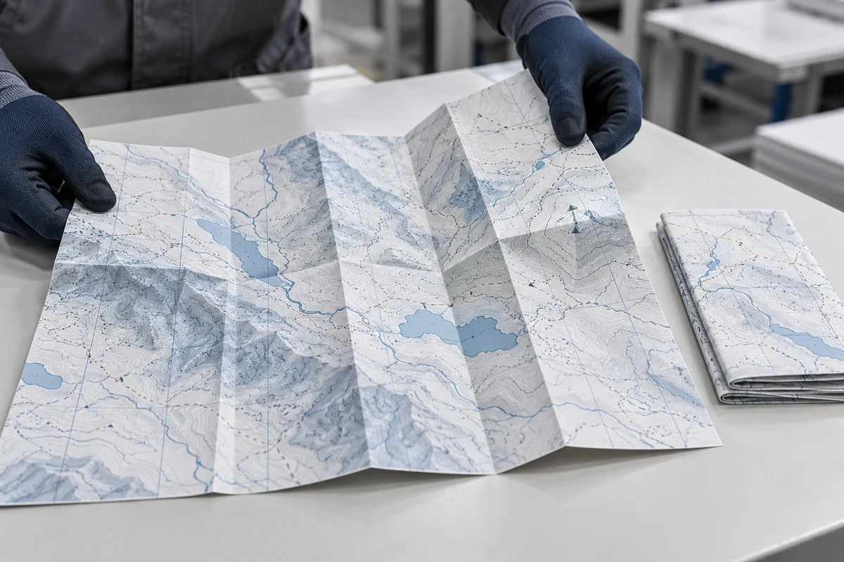 Printed waterproof map sample being folded and checked for crease and ink durability