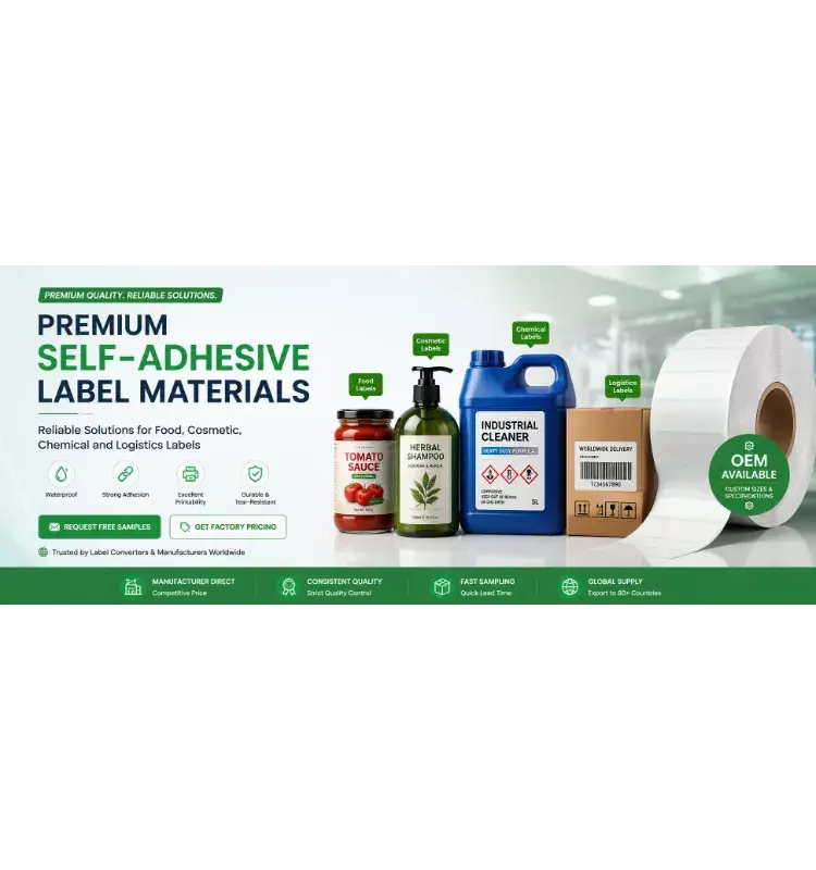 Premium self-adhesive label materials banner showcasing reliable solutions for food, cosmetic, chemical, and logistics labels with waterproof and strong adhesion features.
