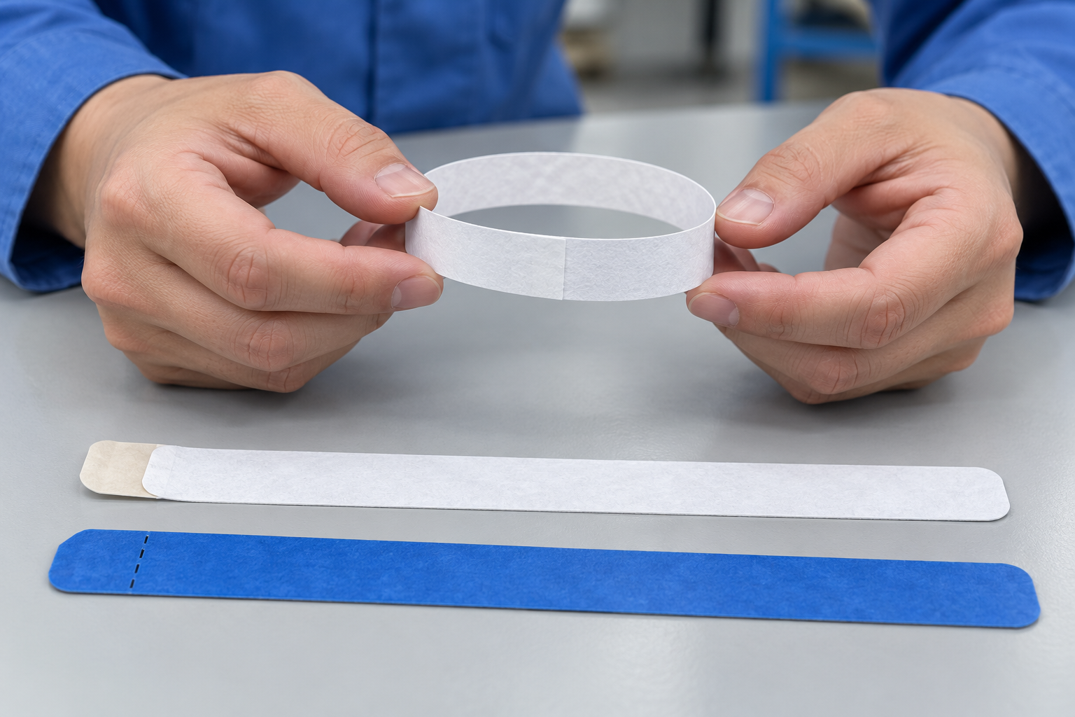 Hands inspecting an adhesive wristband closure beside perforated HDPE nonwoven wristband strips