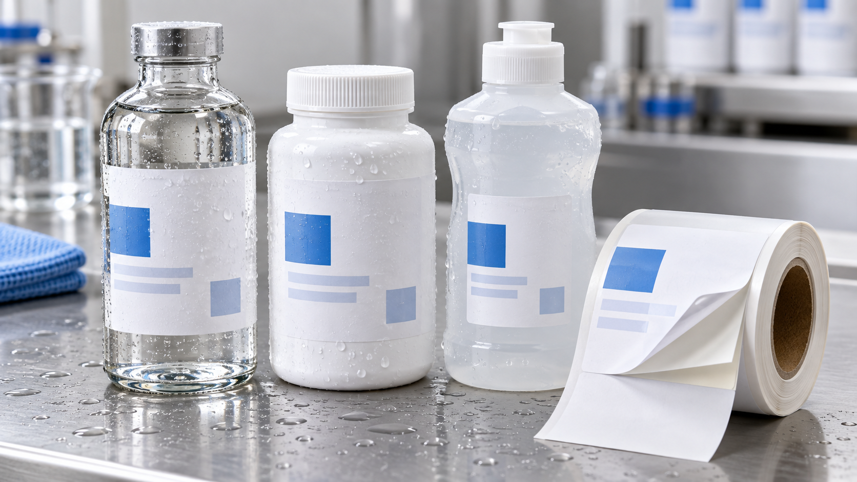 Adhesive selection for waterproof synthetic labels on different containers