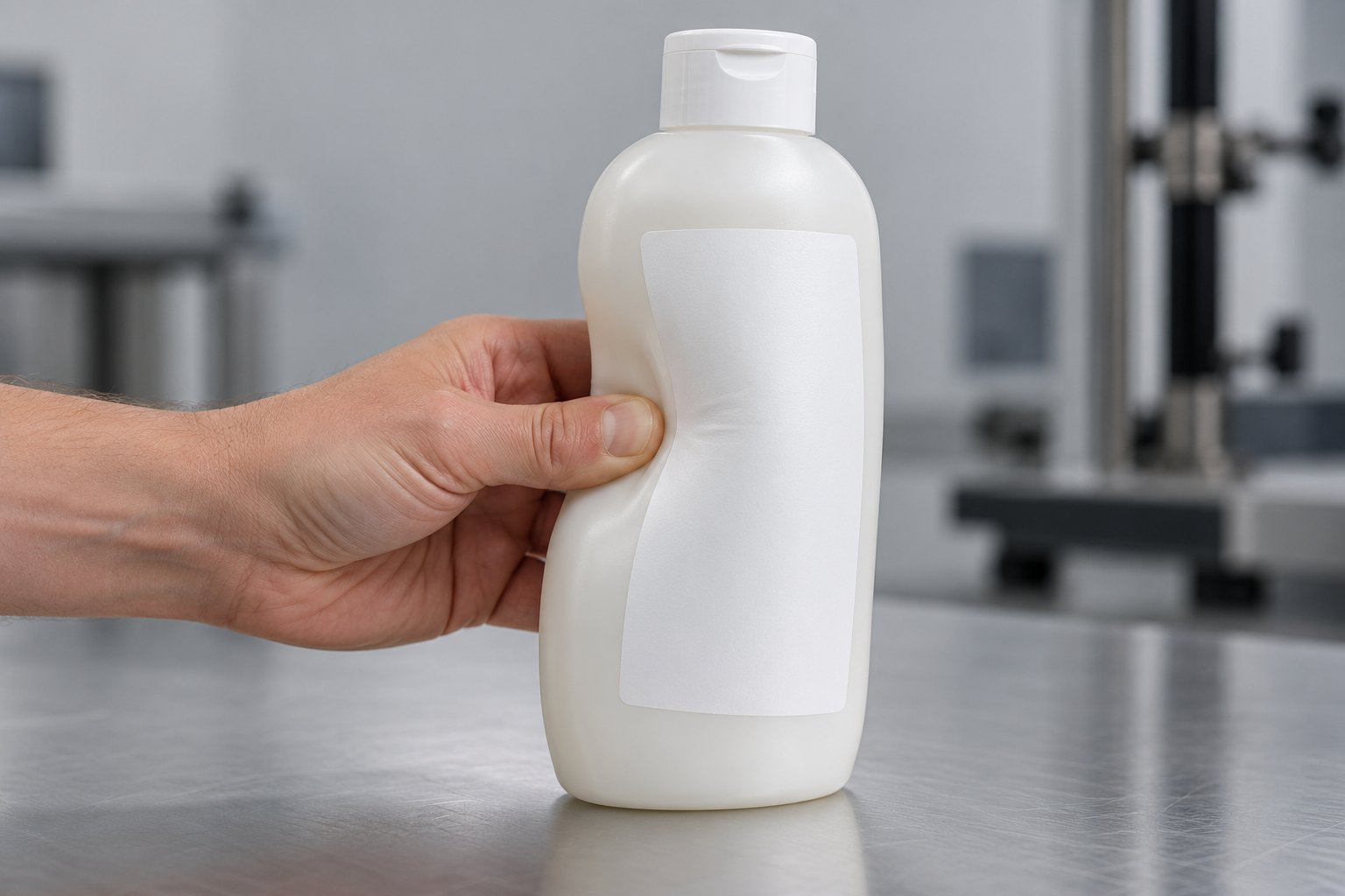 Self-adhesive label material applied to a curved squeezable bottle